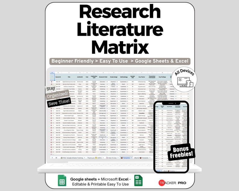 May include: A digital Research Literature Matrix template for Google Sheets and Excel. The display shows a spreadsheet interface with columns for author, year, and findings. Includes text labels for beginner friendly use, bonus freebies, and device compatibility.