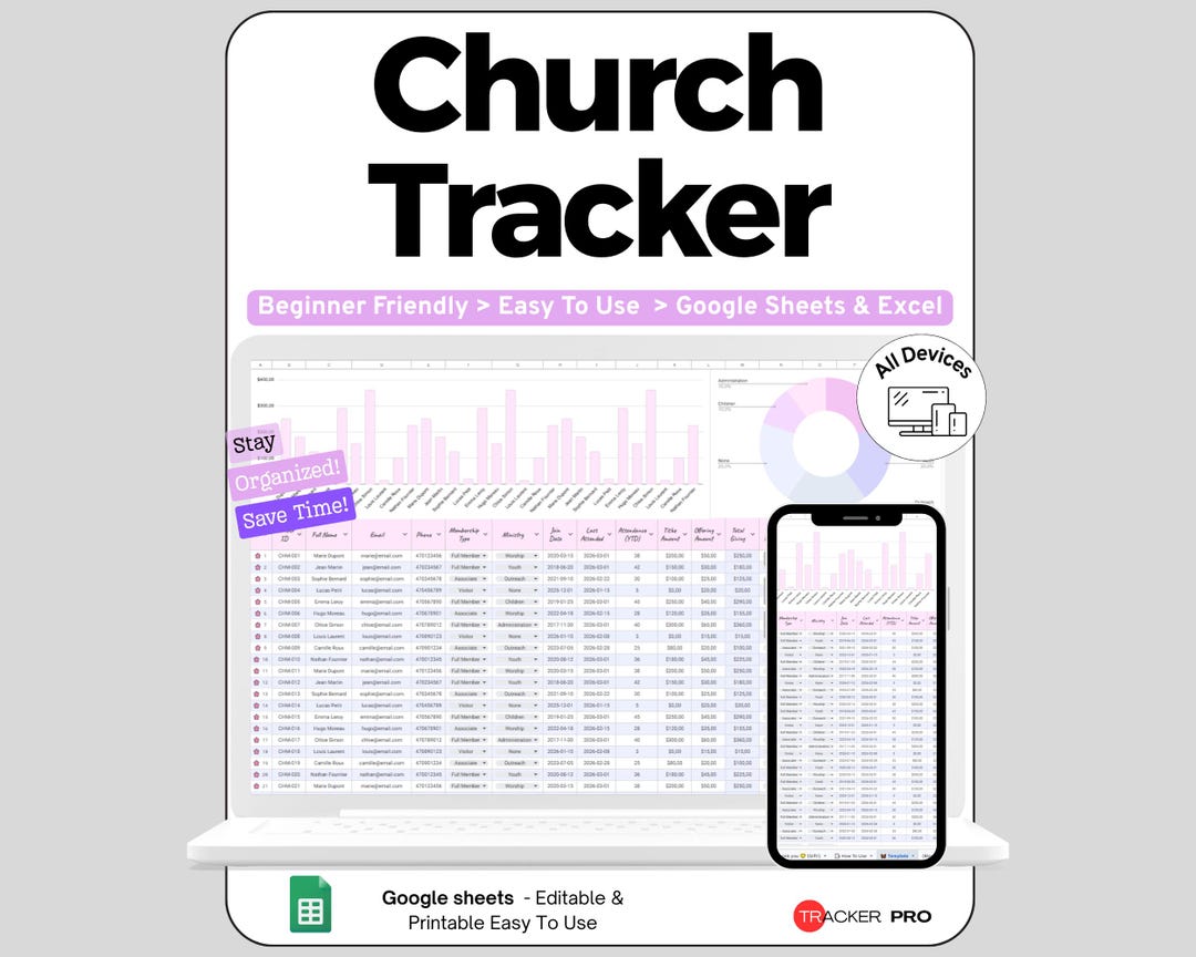 Church Roster Spreadsheet Church Tracker Google Sheets Template, Church Membership and Attendance ...