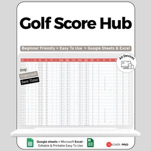 Può includere: Un tracker digitale dei punteggi di golf visualizzato sullo schermo di un laptop. Il testo "Golf Score Hub" è in alto, con "Beginner Friendly > Easy To Use > Google Sheets & Excel" sotto. Il testo aggiuntivo include "Stay Organized! Save Time!" e "All Devices."