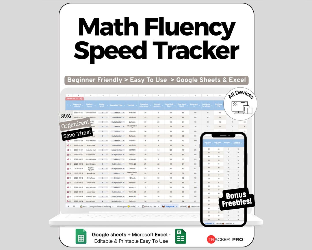 Math Fluency Spreadsheet for Google Sheets and Excel Speed Tracking and ...