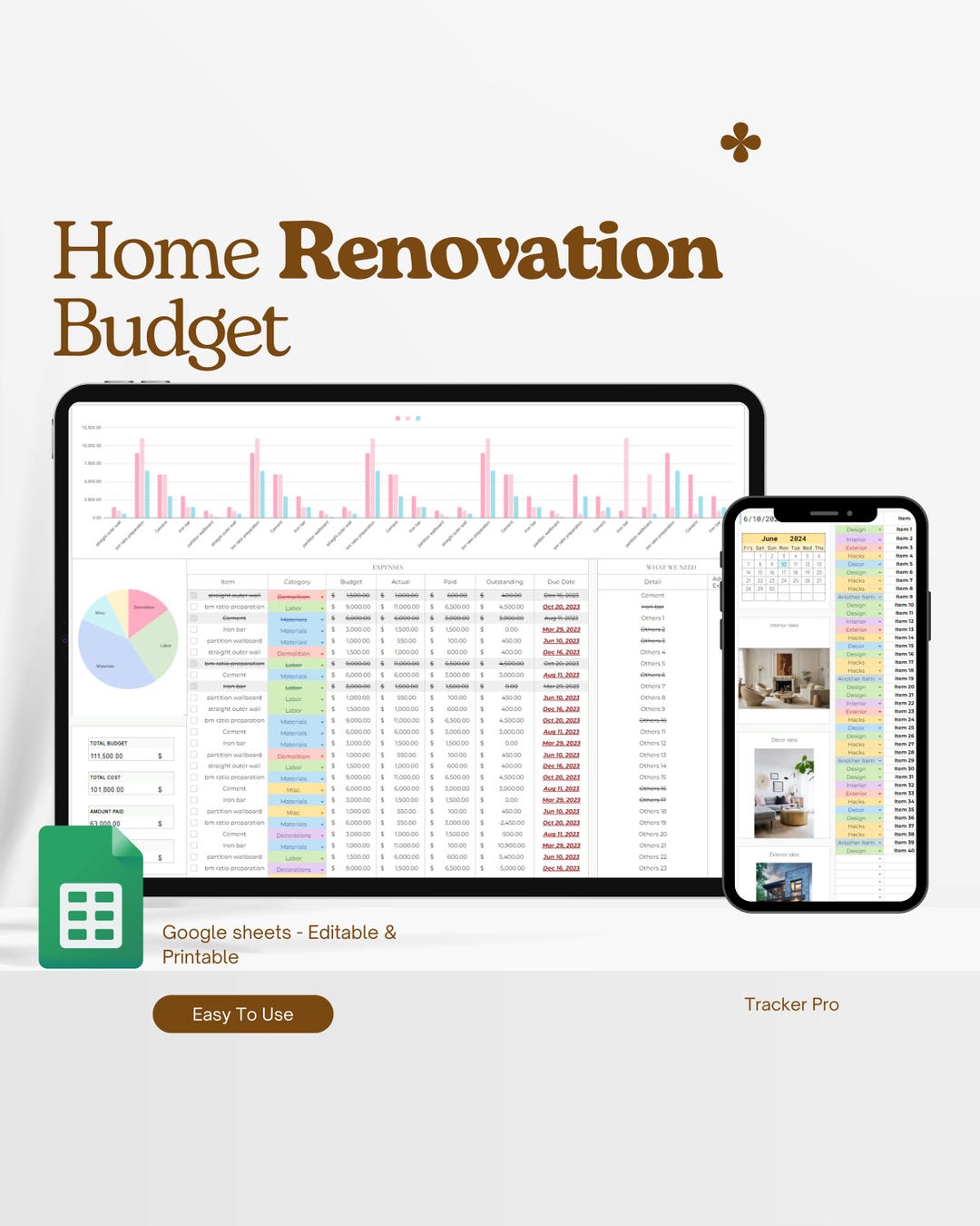 Home Renovation Budget Planner for Excel Google Sheets | DIY Planner ...