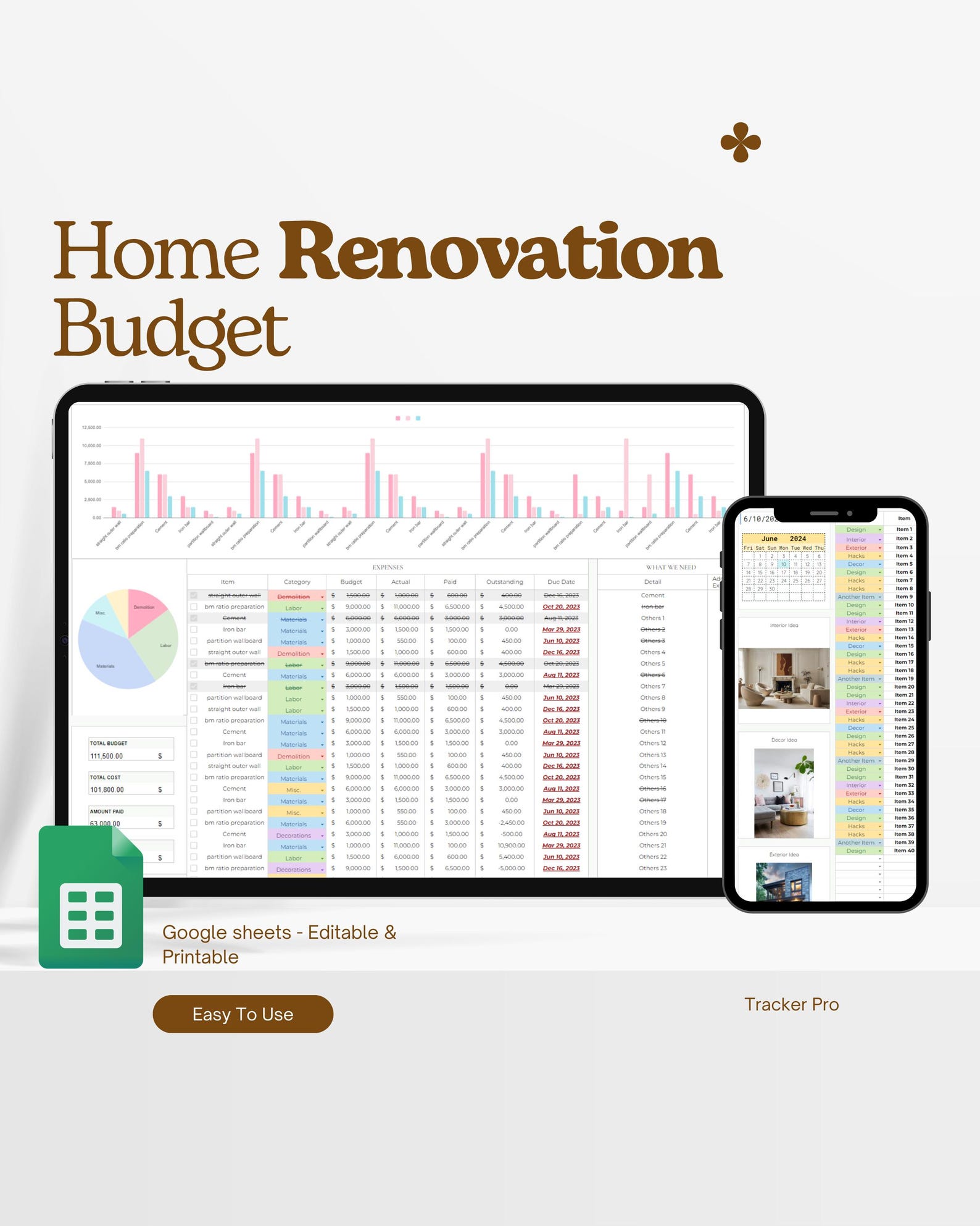 Home Renovation Budget Planner for Excel Google Sheets | DIY Planner ...