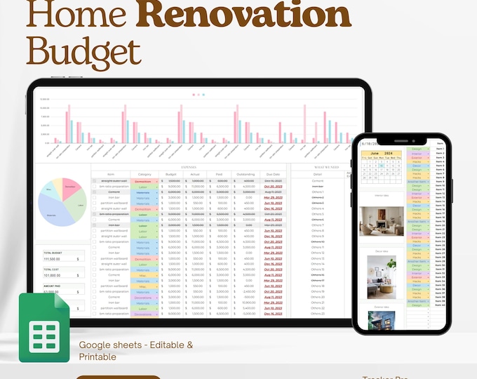 Renovation Budget Planner for Excel & Google Sheets | DIY Planner ...