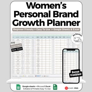 Op de afbeelding: Een digitale planner voor persoonlijke merkgroei weergegeven op een laptop- en smartphonescherm. De interface toont een spreadsheet met kolommen voor inhoudsregistratie. De tekst bevat "Women's Personal Brand Growth Planner," "Beginner Friendly," "Google Sheets & Excel," "Stay Organized!," "Save Time!," "All Devices," en "Bonus Freebies!."