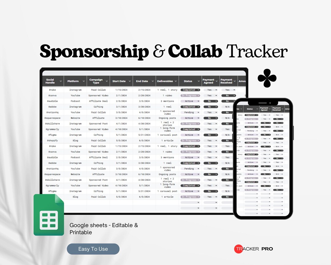 Sponsorship and Collab Tracker Google Sheets, Influencer Deal Organizer ...