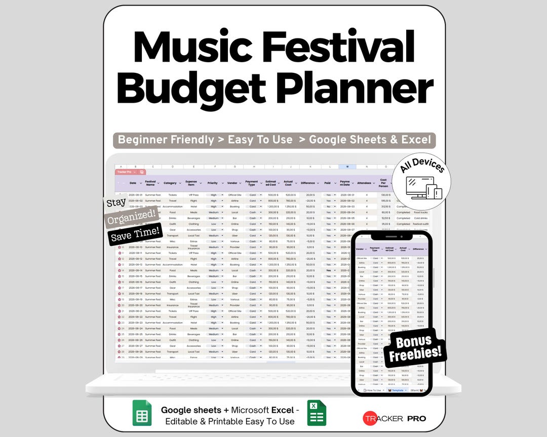 Music Festival Spreadsheet for Google Sheets and Excel Ticket Travel ...