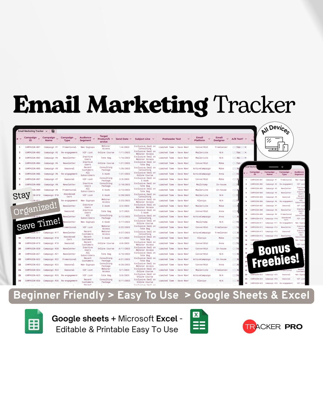 Email Marketing Tracker Google Excel, Newsletter Campaign Log ...