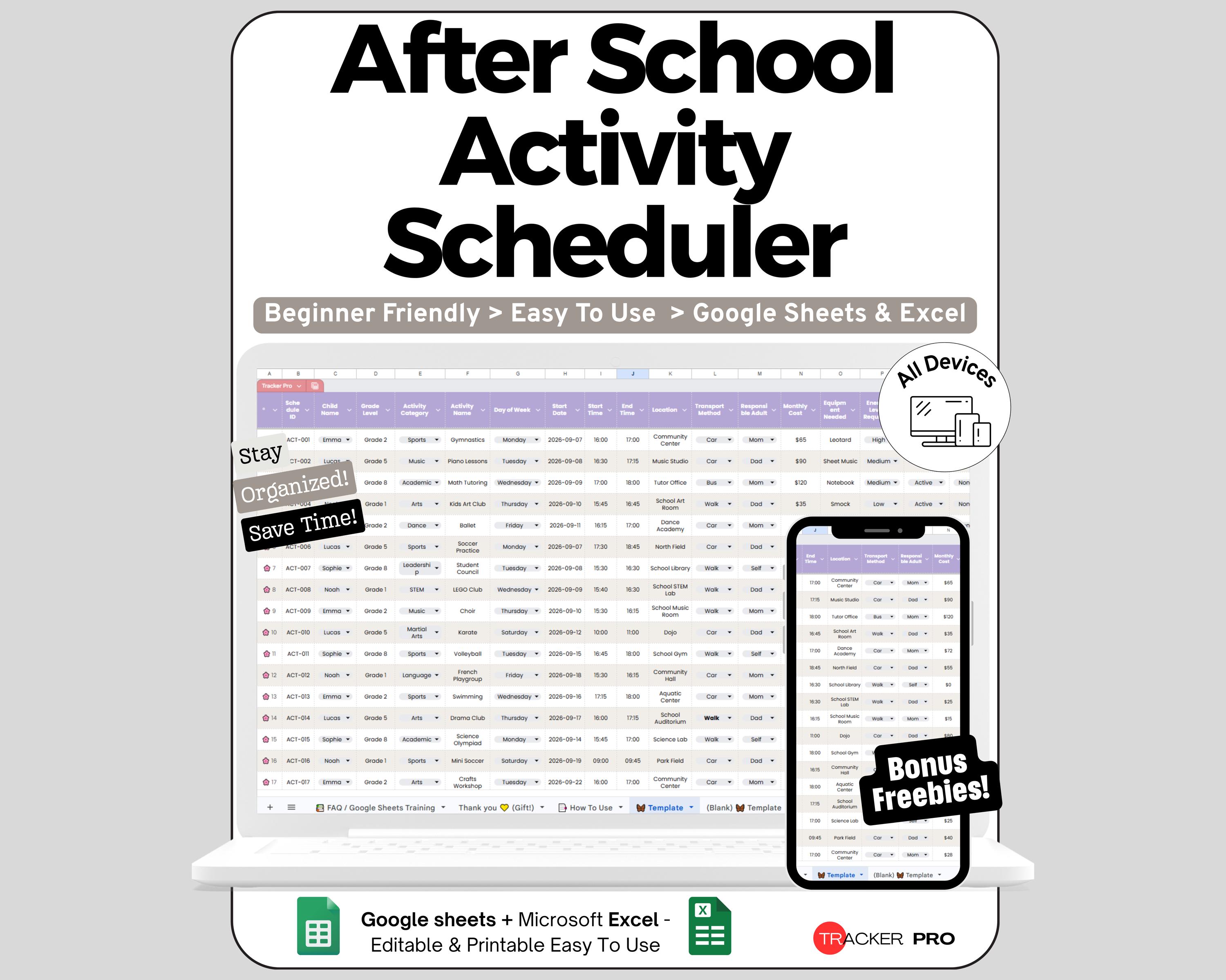 After School Activity Spreadsheet for Google Sheets and Excel Sports ...