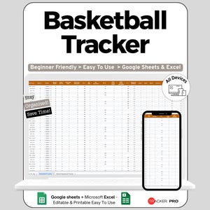 Può includere: Un tracker di basket digitale visualizzato su un laptop e uno smartphone. Il testo "Basketball Tracker" è in alto. Lo schermo del laptop mostra un foglio di calcolo. L'immagine include le frasi "Facile da usare" e "Risparmia tempo!"