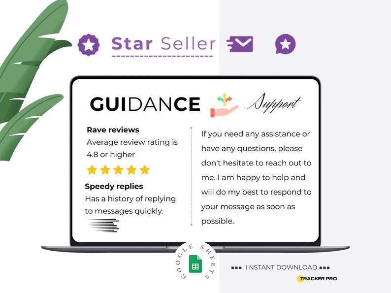 May include: A laptop screen displays the word "GUIDANCE" with supporting text about rave reviews and speedy replies. The image includes a "Star Seller" badge and a call for support.