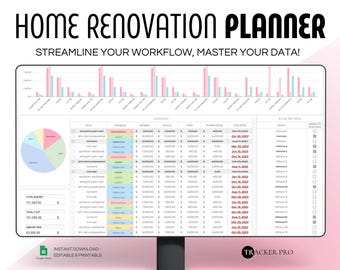 Home Remodel Planner, Remodeling Budget, Home Project Interior Design Google Sheets, Home Building, House Project Planning Excel Spreadsheet