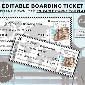 Editable Boarding Pass Surprise Trip, Plane Boarding Pass Template, Printable Airline Ticket, Digital Download DIY Boarding Ticket, Canva