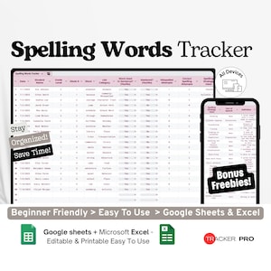 Spellingwoorden bijhouden in Google Excel, wekelijkse woordenlijst, oefenblad voor leerlingen, sjabloon voor spellingquizplanner in Google Sheets