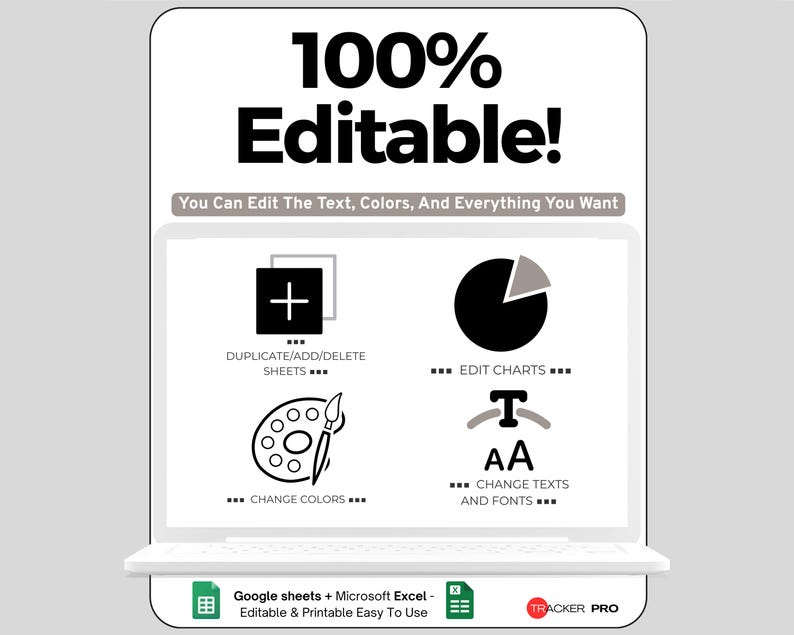 K&ouml;nnte beinhalten: Ein wei&szlig;er Laptop-Bildschirm zeigt den Text "100% Editable!" und Symbole zum Bearbeiten von Diagrammen, &Auml;ndern von Farben sowie &Auml;ndern von Text und Schriftarten. Der Text "You Can Edit The Text, Colors, And Everything You Want" ist ebenfalls sichtbar. Der untere Teil des Bildschirms zeigt "Google sheets + Microsoft Excel - Editable & Printable Easy To Use".