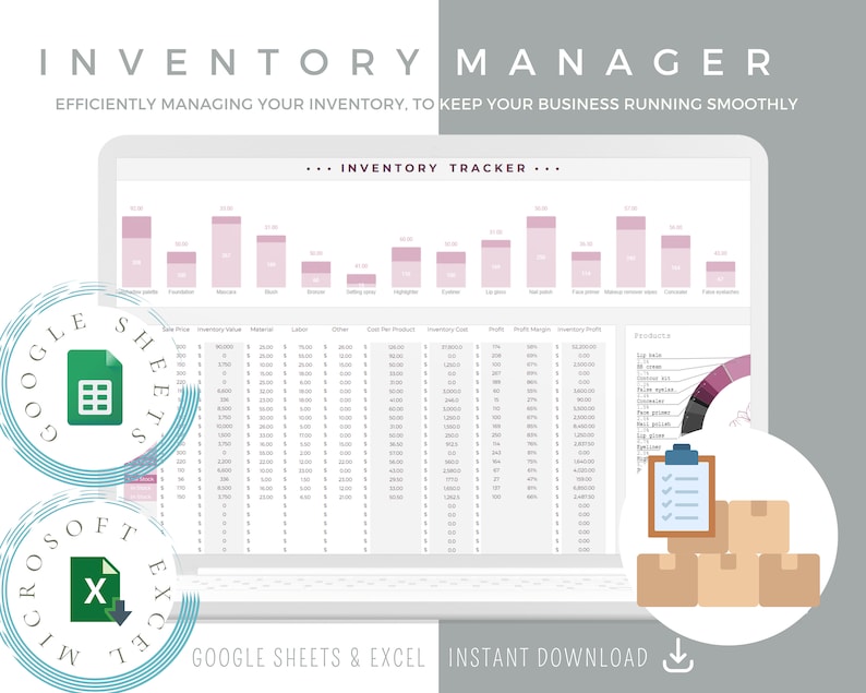 May include: A laptop screen displaying a spreadsheet with a bar graph and a pie chart. The spreadsheet is labeled "Inventory Tracker". The spreadsheet is for managing inventory and includes columns for sales price, inventory value, material, labor, cost per item, product cost, and profit margin. The spreadsheet is designed for use with Google Sheets and Excel. The image also includes a graphic of boxes stacked on top of each other, a clipboard with a checklist, and the text "Inventory Manager" and "Google Sheets & Excel Instant Download".