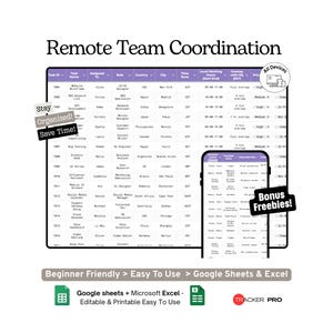 Remote Team Task and Time Zone Coordination Sheet Google Sheets Template Team Tasks, Time Zones and Collaboration Tracker Microsoft Excel