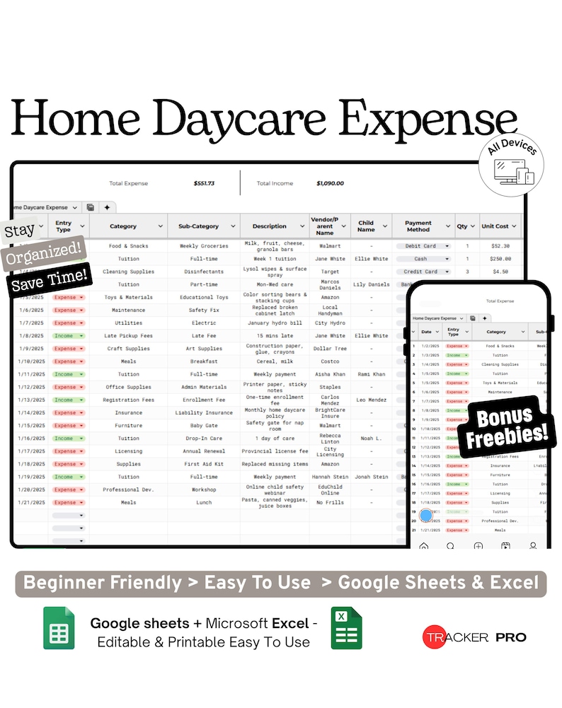 Home Daycare Expense & Income Tracker Google Sheets Spreadsheet for In-Home Childcare Providers Budget and Profit Tracking image 2