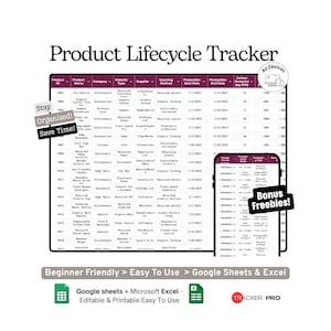 Sustainable Product Lifecycle Tracker Google Sheets Template, Eco Design, Production, Sales and End-of-Life Log, Excel and Google Sheets