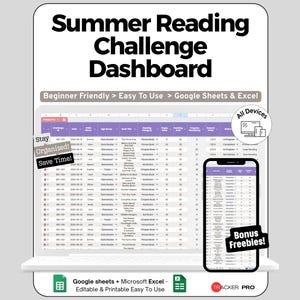 Peut inclure: Tableau de bord numérique pour le suivi des progrès de lecture estivale, affiché sur un ordinateur portable et un smartphone. Le tableau de bord est intitulé "Summer Reading Challenge Dashboard" et comprend le texte "Beginner Friendly > Easy To Use > Google Sheets & Excel."
