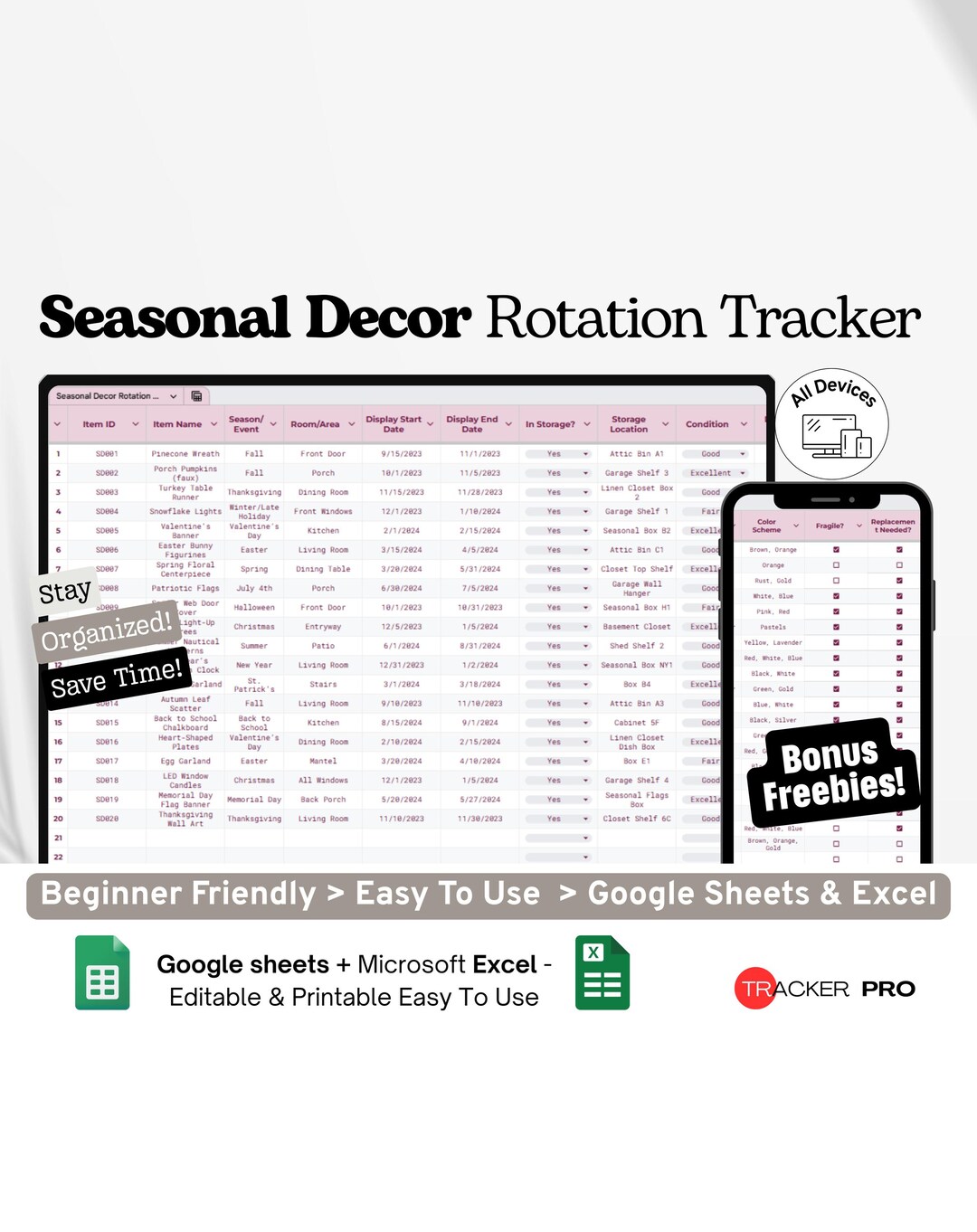 Seasonal Decor Rotation Tracker Google Excel, Holiday Decoration ...