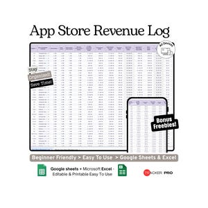 App Store and Google Play Revenue Excel Google Sheets , Track Mobile App Sales, In App Purchases, Revenue, Downloads, Earnings, Finance Log