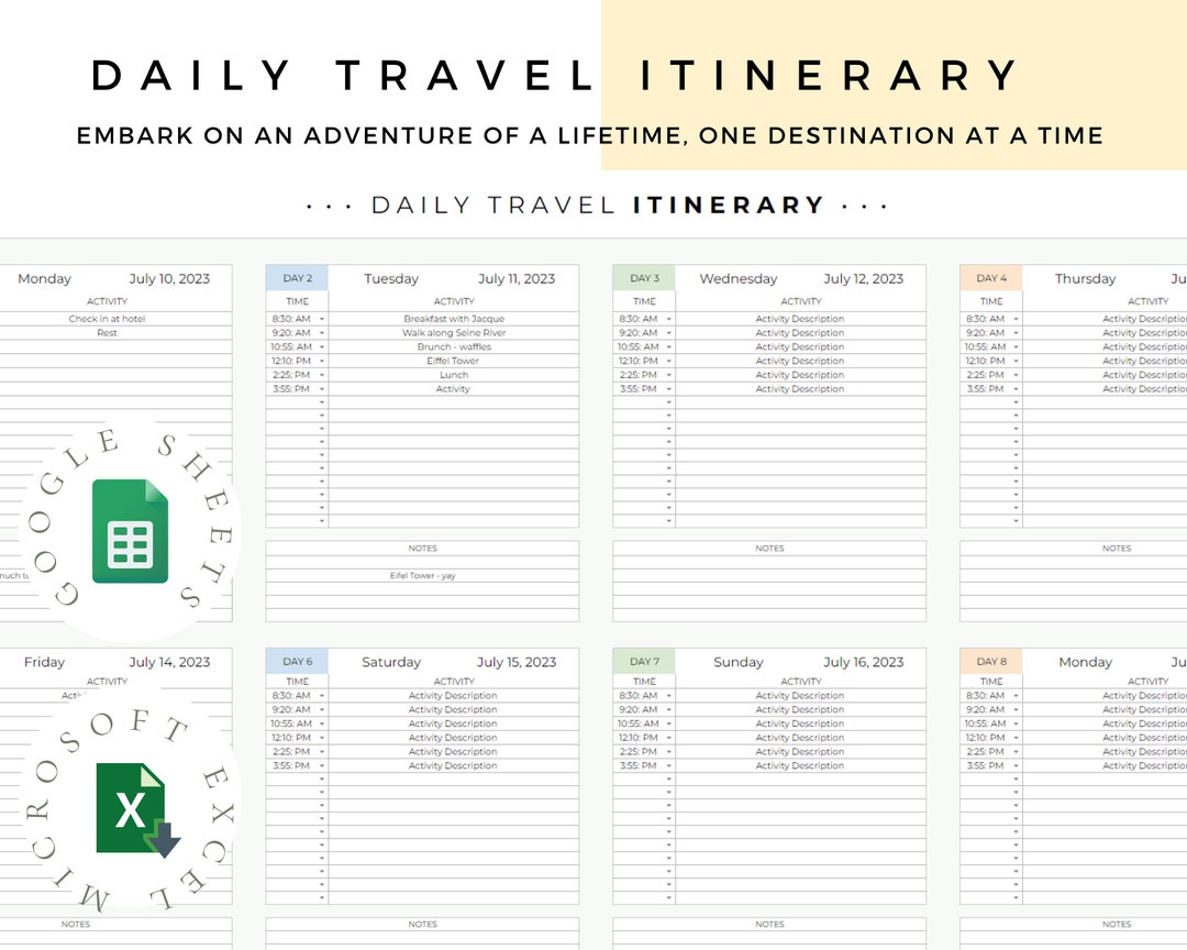 Travel Itinerary Spreadsheet, for Google Sheets and Microsoft Excel ...