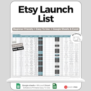 Peut inclure: Une liste de lancement Etsy numérique affichée sur un écran d'ordinateur portable. Le texte "Etsy Launch List" est en haut. La liste est conçue pour Google Sheets et Excel, et est conviviale pour les débutants. L'image comprend également le texte "Stay Organized! Save Time!"