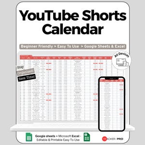 以下が含まれることがあります： YouTube Shorts用のデジタルカレンダー。ラップトップとスマートフォンに表示されています。「YouTube Shorts Calendar」というテキストがあり、「Beginner Friendly」、「Easy To Use」、「Google Sheets & Excel」というフレーズが含まれています。画像には「Stay Organized! Save Time!」というテキストも含まれています。