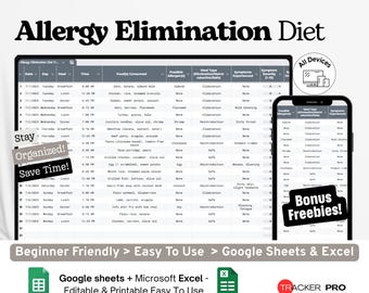 Allergy Elimination Diet Tracker Google Excel, Food Sensitivity Log, Symptom Journal Template, Diet Elimination Planner Google Sheets
