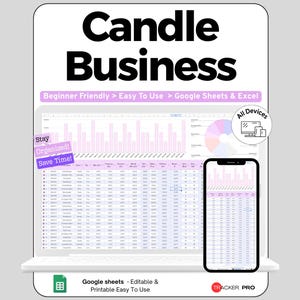 Peut inclure: Un modèle de feuille de calcul numérique pour une entreprise de bougies affiché sur un écran d'ordinateur portable et de smartphone. L'interface présente des graphiques, des tableaux de données et du texte incluant Candle Business et Tracker Pro.