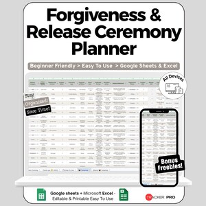 Peut inclure: Un modèle de feuille de calcul numérique Forgiveness & Release Ceremony Planner pour Google Sheets et Excel. L'affichage présente un tableau de données avec des colonnes pour les détails, le statut et les notes, compatible avec tous les appareils.