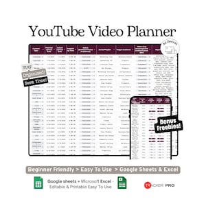 YouTube Video Planning and Analytics Tracker Google Sheets Template, Video Ideas, Scripts, Uploads and Performance Spreadsheet, Excel