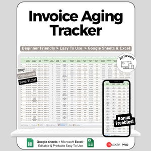 Peut inclure: Un modèle de feuille de calcul Invoice Aging Tracker pour Google Sheets et Excel. L'affichage présente une interface numérique avec des colonnes pour les détails de facturation, le statut de vieillissement et les montants. Inclut une vue mobile.
