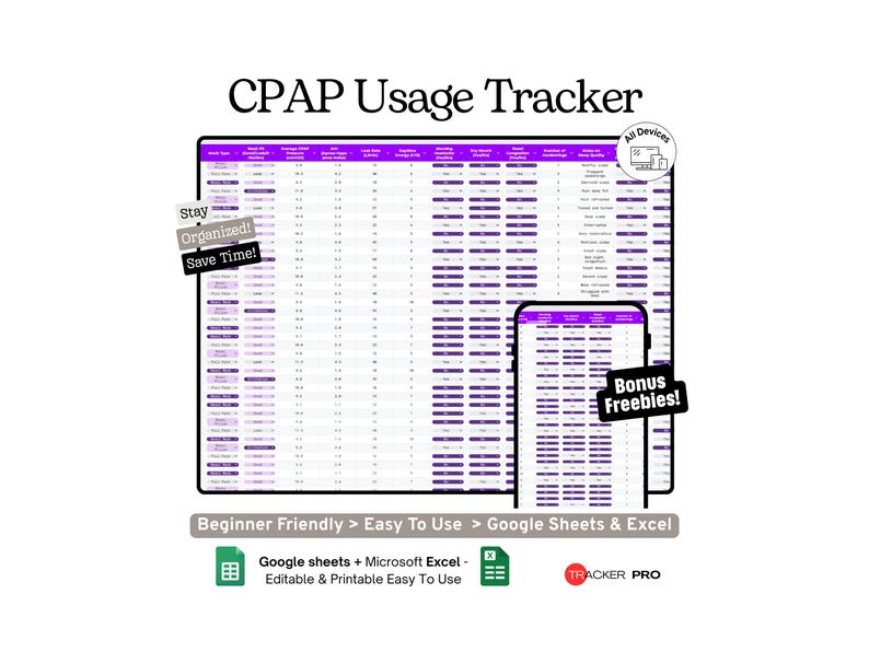 Sleep Apnea CPAP Usage Excel Google Sheets, Monitor CPAP Machine Hours ...