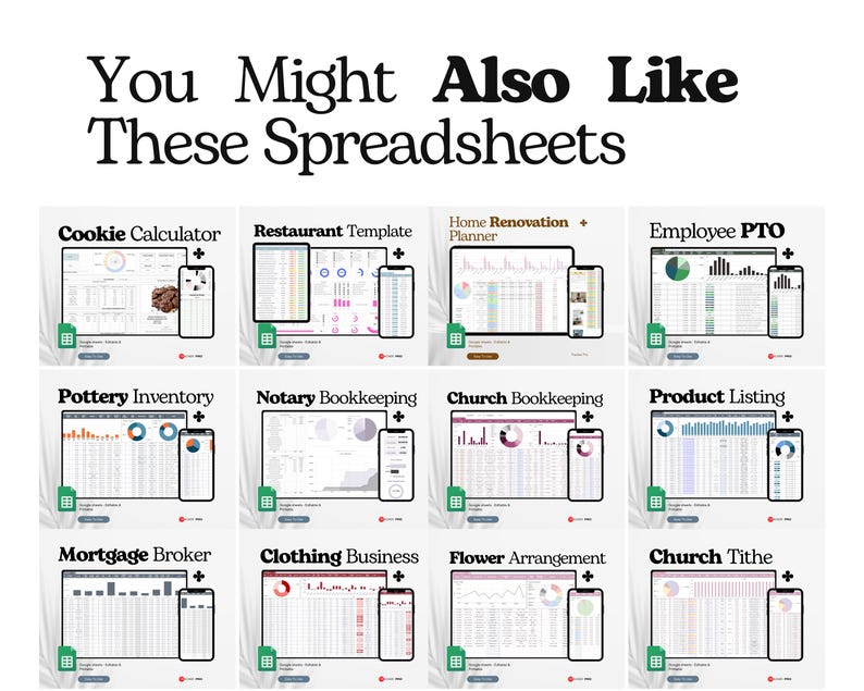 K&ouml;nnte beinhalten: Grafik mit Tabellenkalkulationsvorlagen f&uuml;r verschiedene Gesch&auml;ftsanforderungen, darunter Cookie-Berechnungen, Restaurantplanung und Kirchenbuchhaltung. Jede Vorlage wird auf einem Tablet und Smartphone angezeigt, mit dem Text "You Might Also Like These Spreadsheets" oben.