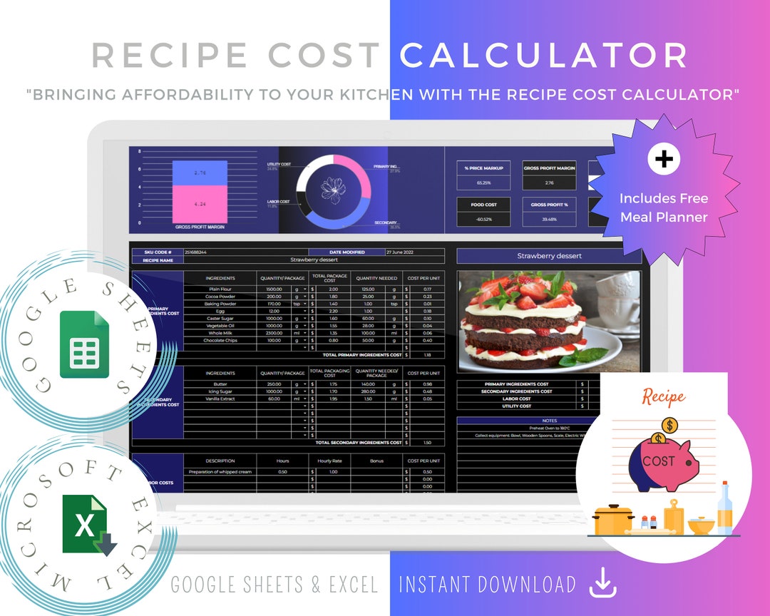 Recipe Cost Calculator Spreadsheet Template for Excel & Etsy