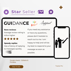 May include: A digital illustration of a person helping another person with a red arrow pointing upwards. The text "Guidance" and "Support" are displayed on the screen. The text "Rave reviews" and "Speedy replies" are also displayed on the screen. Five gold stars are displayed next to the text "Rave reviews".