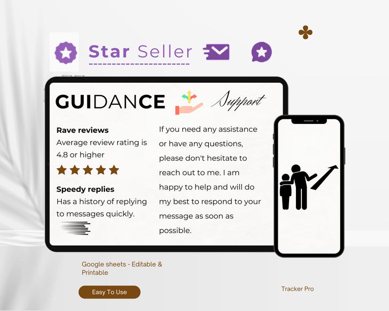 May include: A digital illustration of a person helping another person with a red arrow pointing upwards. The text "Guidance" and "Support" are displayed on the screen. The text "Rave reviews" and "Speedy replies" are also displayed on the screen. Five gold stars are displayed next to the text "Rave reviews".