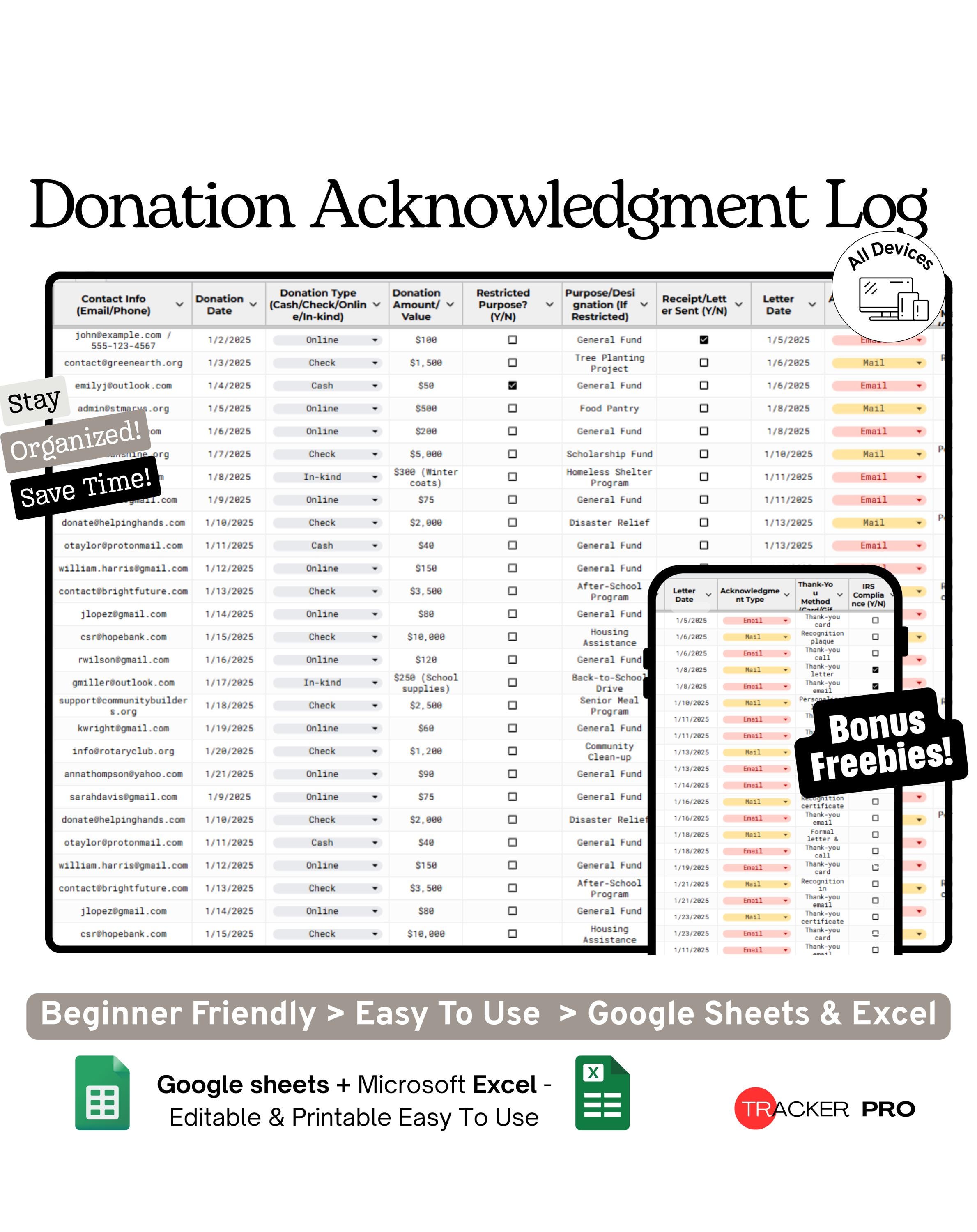 Nonprofit Donation Acknowledgement Log Google Sheets Template (donor ...