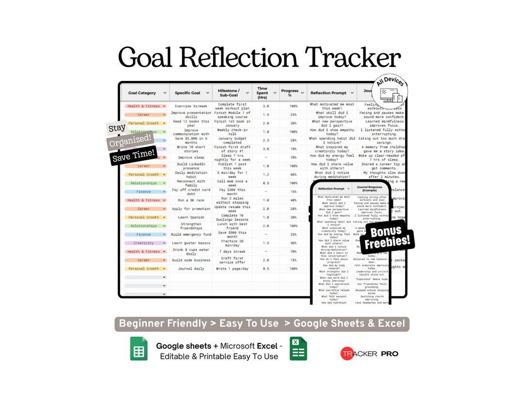 Goal Reflection Journal Prompts Tracker Google Sheets Template Daily ...