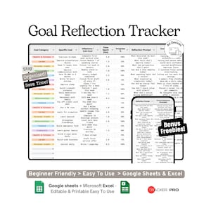 Goal Reflection Journal Prompts Tracker Google Sheets Template Daily, Weekly and Monthly Goals and Self-Reflection Log Spreadsheet, Excel