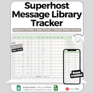 Könnte beinhalten: Ein digitaler Superhost Message Library Tracker, dargestellt auf einem Laptop- und Smartphone-Bildschirm. Die Benutzeroberfläche zeigt eine Tabelle mit Spalten für Nachrichtentypen und Status. Text beinhaltet "Beginner Friendly" und "Easy To Use".