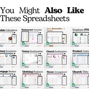 May include: A graphic showcasing various spreadsheet templates, including Cookie Calculator, Restaurant Template, and Employee PTO. Each template is displayed on a tablet and a smartphone, with the text "You Might Also Like These Spreadsheets" at the top.