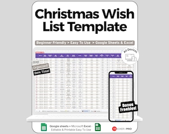 Christmas Wish List Spreadsheet Google Sheets Template, Gift Ideas & Budget per Person, Secret Santa and Family Holiday Shopping Tracker