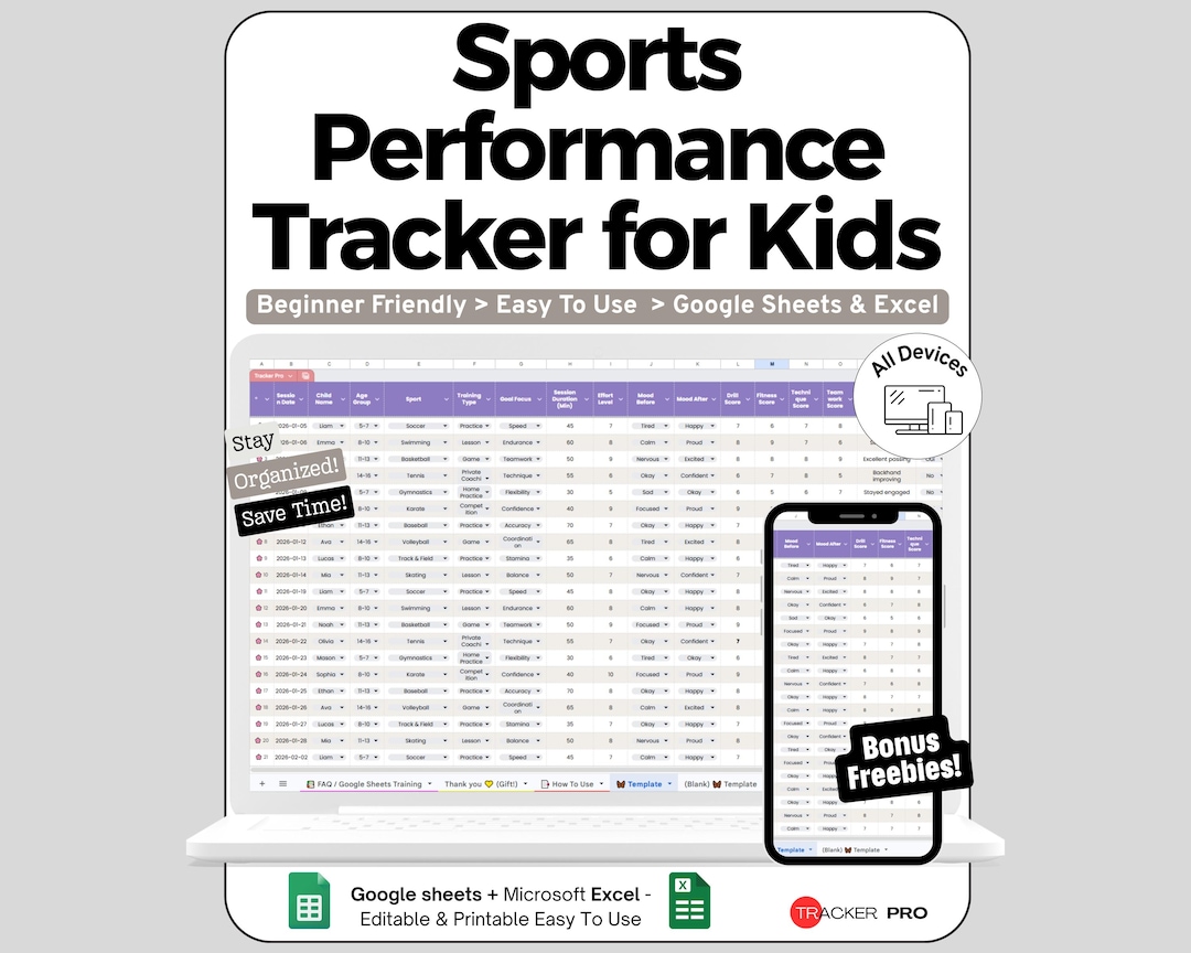 Rec Center Tracking Sheet Kids Sports Tracker Spreadsheet for Google Sheets and Excel Performance ...