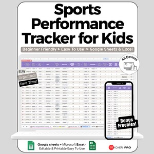 Könnte beinhalten: Ein digitaler Sport-Performance-Tracker für Kinder, angezeigt auf einem Laptop und Smartphone. Der Text lautet "Sports Performance Tracker for Kids" und enthält die Sätze "Beginner Friendly", "Easy to Use" und "Google Sheets & Excel."
