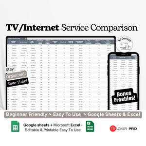 TV Internet Service Comparison Tracker Google Excel, Streaming Platform Budget Log, ISP Comparison Spreadsheet, Bill Planner Google Sheets
