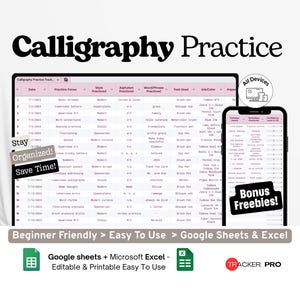 Calligraphy Practice Tracker Google Excel, Hand Lettering Progress Log, Brush Pen Tracker, Daily Practice Sheet Template Google Sheets