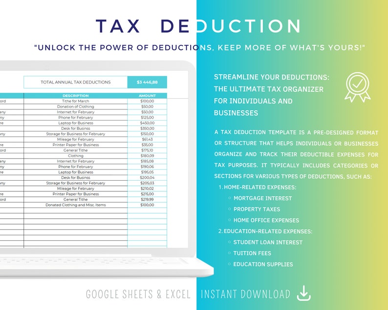 Tax Organizer Planner, Tax Deduction Tracker Excel Spreadsheet