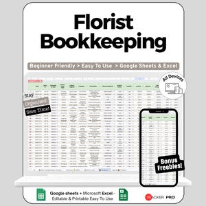 Florist Bookkeeping Google Sheets, Floral Business Income and Expenses Tracker, Flower Designer Profit and Loss Template Excel Spreadsheet